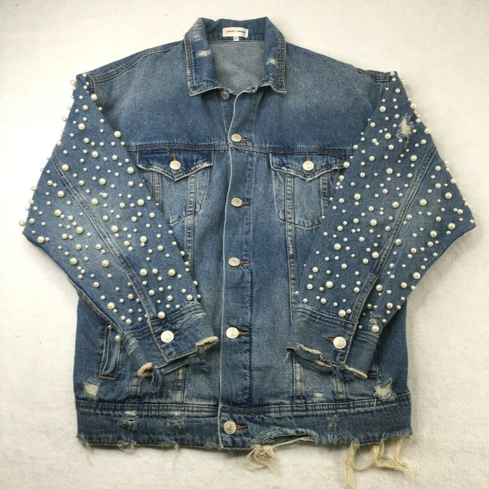 Pearl-Embellished Blue Denim Jacket - Women's Jean Jacket